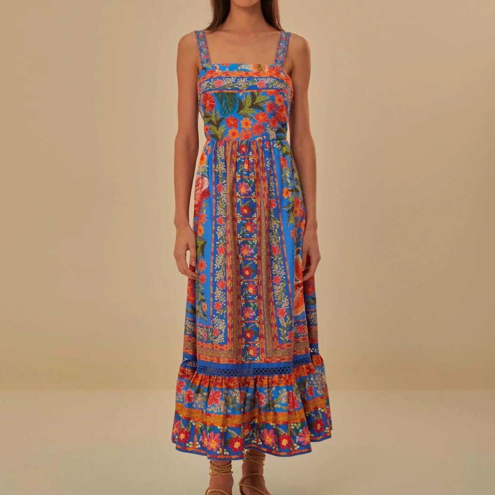 FARM - Rio Stitched Garden Blue Maxi Sundress- STICHED GARDEN BLUE -XXS